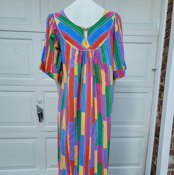 Rainbow Stripe 1970s Handmade House Dress Caftan Muu-Muu Full Length - Picture 10 of 12
